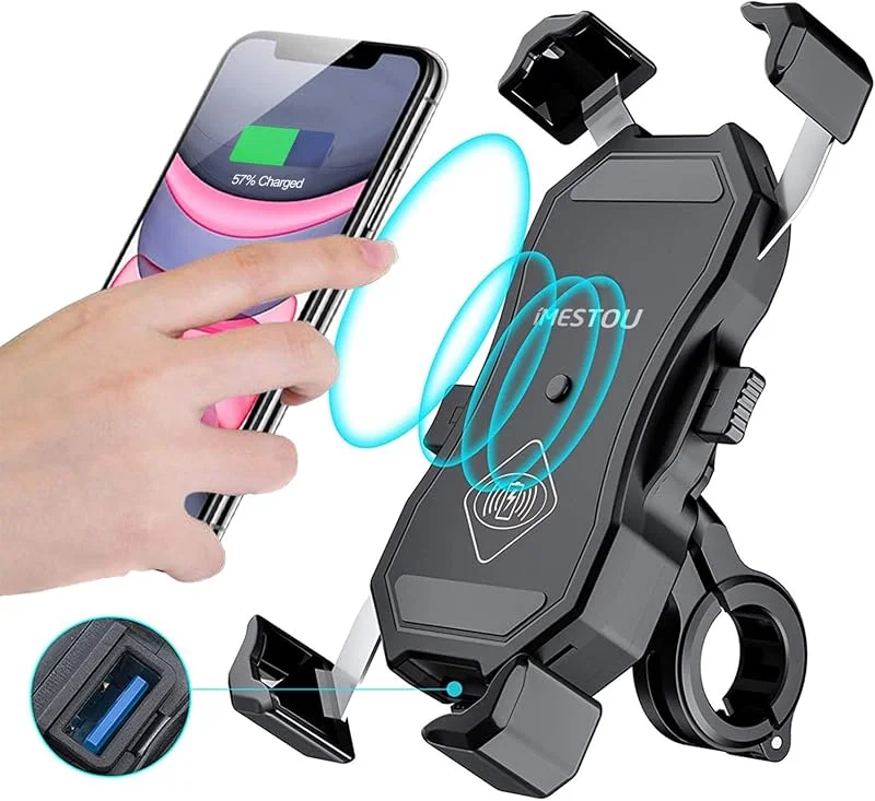 iMESTOU Motorcykel Trådlöst Telefonfäste med Qi 15W & USB 2 i 1 Laddare, Mobilhållare för Styret, Backspegeln, passar för 3, 5"-6, 8" Smartphones (max Tjocklek 12mm), Fungerar med 12, 24V Motorcyklar — Mobil och surfplatta