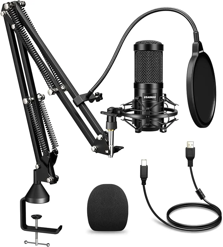 Aokeo USB-mikrofon, AK-60, 192 kHZ, 24 bit, PC-spelmikrofon med armstativ, stötfäste, popfilter, skumskydd, för podcast, streaming, studio, karaoke, inspelning — Hörlurar och ljud