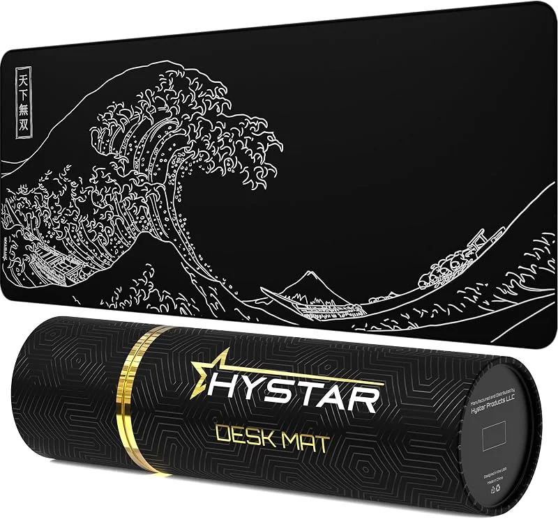 Hystar spelmusmatta, mjuk texturerad tygyta, vattentåligt tyg, 5 mm tjock, bonus silikon dryckesunderlägg, hållbar låda för transport, den stora vågdesignen (svart) — Datortillbehör