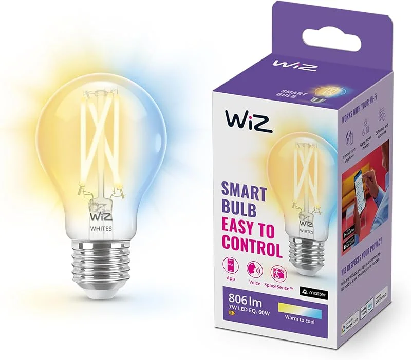 WiZ Filament Tunable White - Smart LED belysning (WiFi och Bluetooth), 60W, A60, E27, 2700-6500 Kelvin, Dimbar i kallvitt till varmvitt, Klart glas — Smarta hem