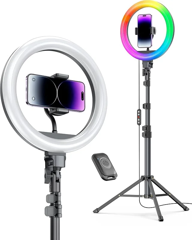 Weilisi 12 tum ringlampa med stativ 183 cm lång och 2 telefonhållare, 38 färglägen selfie-ljus med stativstativ, stor LED-ringlampa för iPhone, Android, kamera, YouTube, smink — Mobil och surfplatta