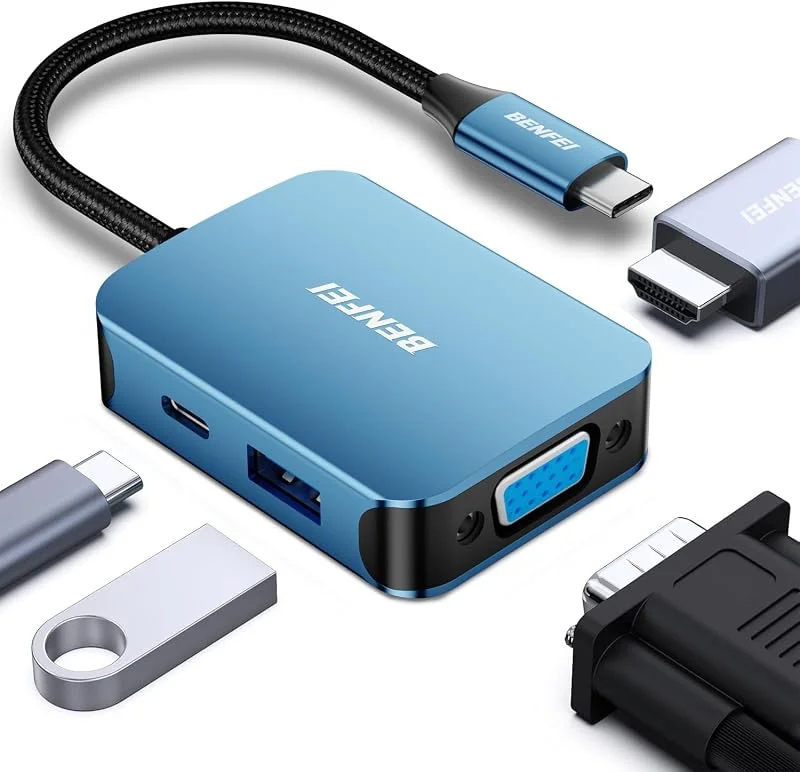 BENFEI USB C HUB 4-i-1, USB Type-C till HDMI VGA-adapter, USB C till USB-adapter, USB Type-C strömförsörjning, kompatibel med iPhone 15-serien, MacBook Pro, Air 2023, iPad Pro, iMac, S23, XPS 17 — Laddning och kablar