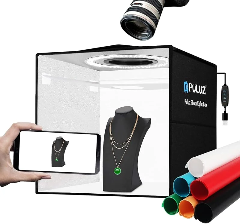 PULUZ Ljusbox fotografi 30 cm fotolåda studiotält bärbar hopfällbar låda kit för fotografering små föremål smycken med + 6 PVC-bakgrunder + ljusdiffusor + reflektionstavla — Mobil och surfplatta