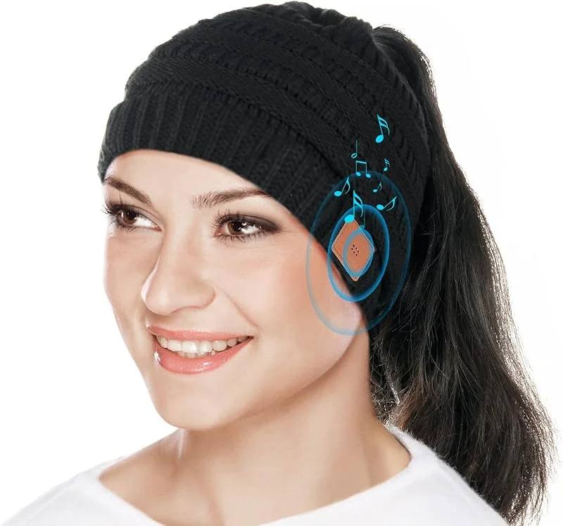 Flintronic Bluetooth Mössmössa, Hästsvansmössor Vinterstickade Mössor, Uppladdningsbara Mössor Ponnykeps Trådlös Huvudsjal med Stereohögtalare - Julklapp för Män Kvinnor — Mobil och surfplatta