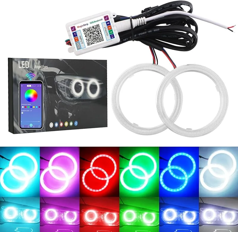 Qasim 1 par 70 mm ängelögon RGB LED COB universell ängel ögon halo ring för DRL motorcykel bilstrålkastare varning med omslag bluetooth kontroll mobil app 12 V — Mobil och surfplatta