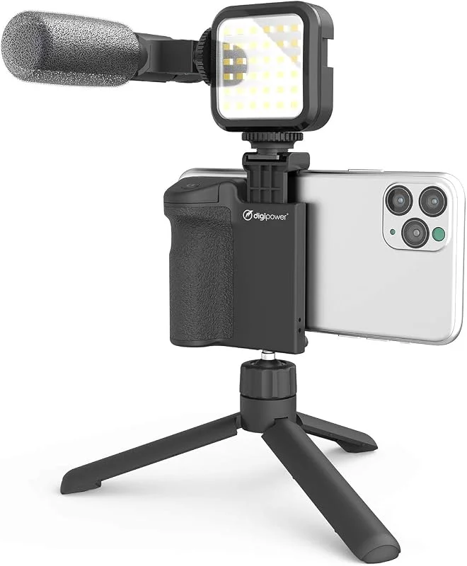 DigiPower Vlogging Set Följ mig med LED-videolampa mikrofon kamerahandtag med mobiltelefonhållare ministativ, kompatibel med smartphones, för TikTok, YouTube, live-streaming och möten — Mobil och surfplatta