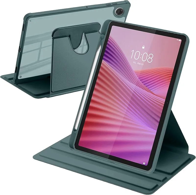 Roterande Fodral Kompatibelt med Lenovo Tab 10.1 Tum 2025 TB311FU, TB311XU med Pennhållare, Stöttåligt Fodral Klar Transparent Rygg, Automatisk Väckning, Sömn, Mörkgrön — Mobil och surfplatta