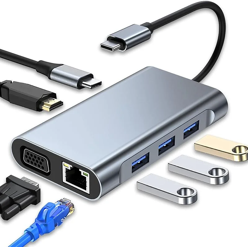 USB C-hubb, 7-i-1 Multiport-adapter Med 4K HDMI VGA USB 3.0 100W PD Och RJ45 Ethernet, Dockningsstation Kompatibel Med MacBook Pro & Air Och Andra Type-C-enheter — Laddning och kablar