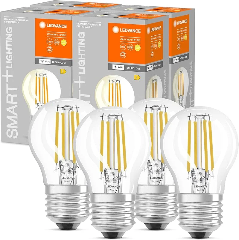 LEDVANCE Smart LED-Lampor med Wifi teknik, E27-sockel, dimbar, varmvitt (2700K), teardroppform, klar glödtråd, ersätter traditionella 40W glödlampor, kontrollerbar med Alexa, Google & App, 4-pack — Smarta hem