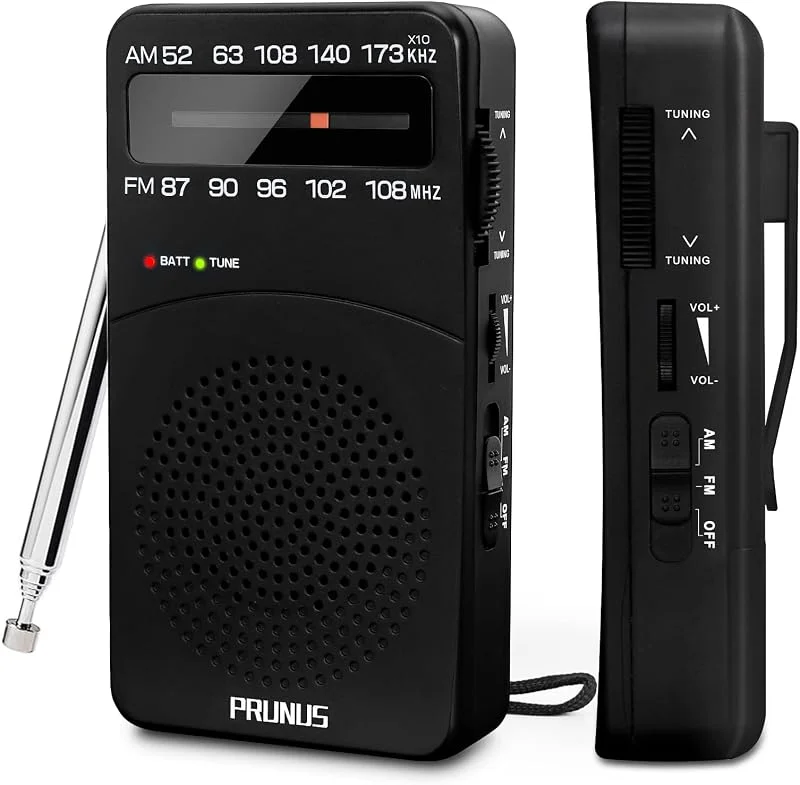 PRUNUS J-166 Bärbar Radio FM, AM, Liten Bärbar Radio med Utmärkt Mottagning, Minidradio Med Batteridrift Stöder Utbytbar Batteri (AA), för Promenad, Löpning, Fiske (Svart) — Portabel digital och ljud
