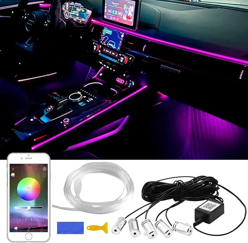 Bil LED interiörremsa med ljus, 5 i 1 16 miljoner färgeri 236 med 238 tum fiberoptik, flerfärgad RGB ljud aktiv bil stämningsbelysning kit – trådlös Bluetooth APP-kontroll — Smart belysning