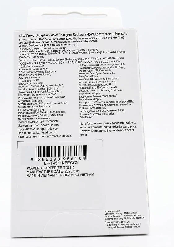 Samsung USB-C-laddare, 45 W, ultrasnabb, adapter USB C till USB, Samsung snabbladdare, Samsung originalladdare, utan kabel, svart — Mobil och surfplatta