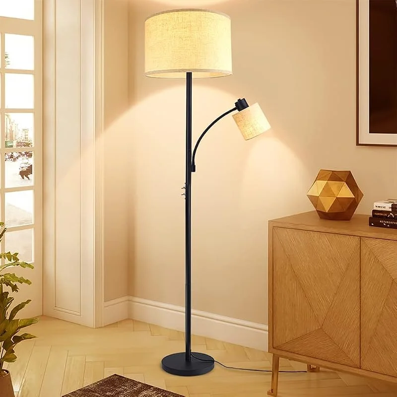 Depuley LED-golvlampa E27 med 5 W lä, modern golvlampa svart med 2 vipplås och tygskärm, ögonskydd golvlampa för vardagsrum sovrum kontor soffa (glödlampor ingår) — Smart belysning