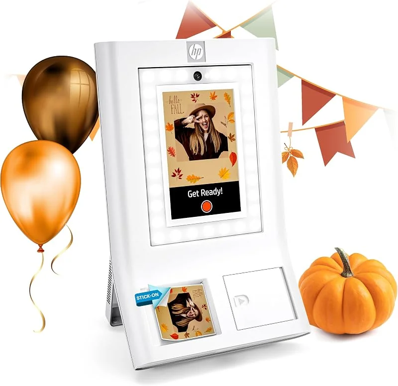HP Sprocket Photo Booth Machine Instant Color Photo Printer - 10.1" Touchscreen, LED Ring Light - Customize w, 250+ Fun Frames, Prints on 3x4 Zink Paper or Share via QR Code, Mobile Notify App - White — Mobil och surfplatta