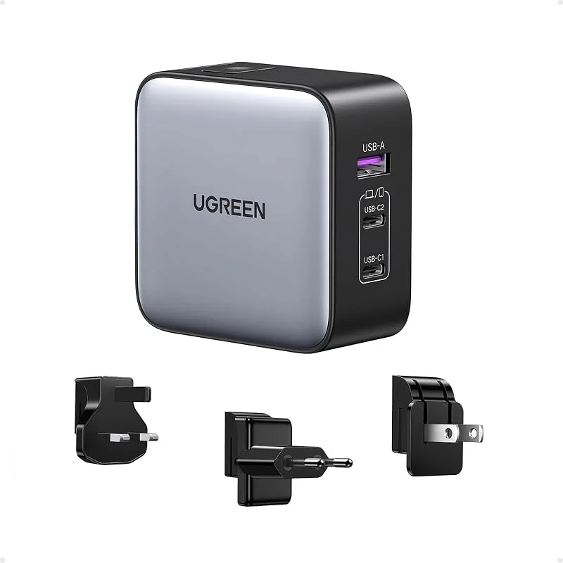 UGREEN Nexode 65 W GaN USB-C reseladdare, 3-portar, internationell EU-adapter, kompatibel med iPhone 16 Plus Pro Max, MacBook Pro Air M3, M2, M1, Galaxy S24, Ultra Plus, S23 — Laddning och kablar