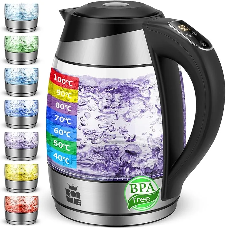 FOR ME Glas Elektrisk Vattenkokare, 1, 8L, Temperaturkontroll, Temperaturval 40°C till 100°C, LED-Belysning i 7 Färger, Varmhållningsfunktion, BPA-Fri — Kök & Hushåll