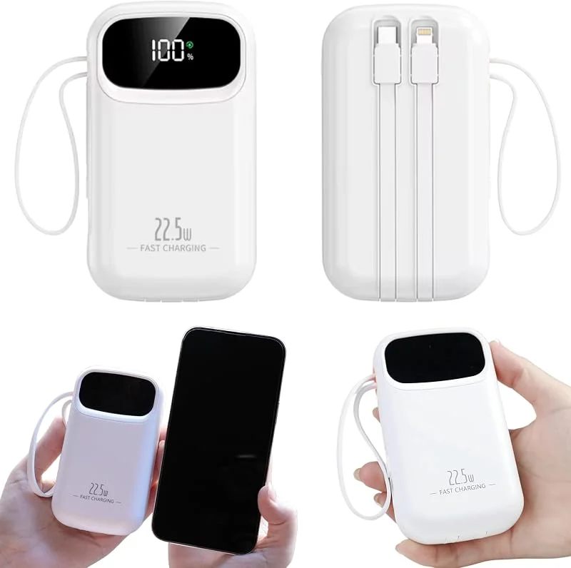 Externt snabbladdningsbatteri, 20 000 mAh, snabbladdning, med USB- och USB C-kablar, bärbart iPhone-batteri med inbyggda kablar, kompatibelt med Samsung iPad MacBook vit — Mobil och surfplatta