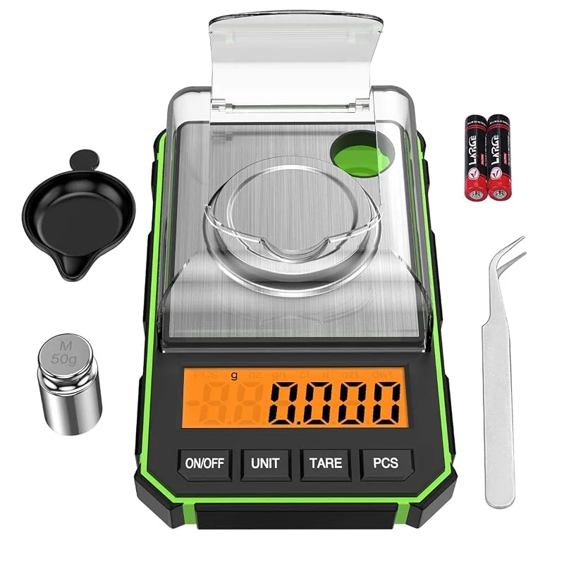 [Ny version] ORIA Mini precisionsvåg, [50 g 0, 001 g] Digital fickvåg med 50 g kalibreringsvikt och elektrostatisk pincett, köksvåg med tara och LCD-bakgrundsbelyst display (batteri ingår) — Kök & Hushåll