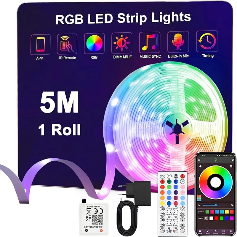 LED-remsa 5m, RGB LED-remsa, SMD 5050 Ljusband, Färgförändring LED-ljuskedja med 24 Knappar Fjärrkontroll för hem, Sovrum, TV, Skåp, Fest, Semester Dekoration — Smart belysning