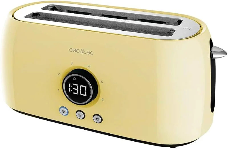 Cecotec Digital brödrost ClassicToast 15000 gul extra dubbel. 1 500 W, 2 extra breda långa slitsar för 4 rostar, digital display, 3 funktioner, topprods, retrodesign i gult — Kök & Hushåll