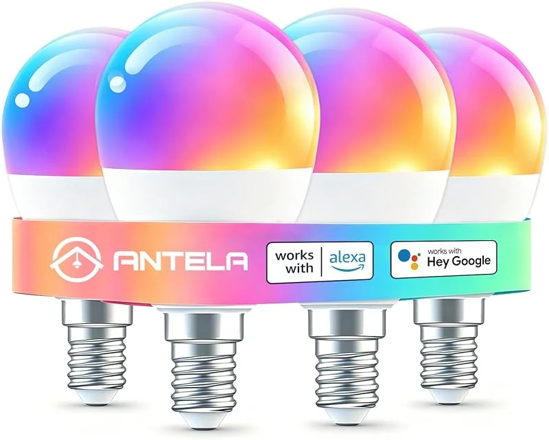 ANTELA Smarta LED-glödlamporna E14, 4.5W, 385LM, 16 Miljoner Olika Färger, Färgtemperatur 2700-6500K, Wi-Fi-lampor Kompatibel med Google Home och Alexa, Röststyrning, Appkontroll, Timer, 4pc — Smarta hem