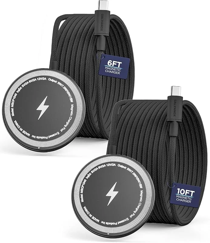 GALVANOX Magnetisk trådlös laddare, 15 W snabbladdning, 2-pack med 3 m och 1, 8 m flätade USB-C-kablar – Kompatibel med MagSafe för iPhone – Svart — Mobil och surfplatta