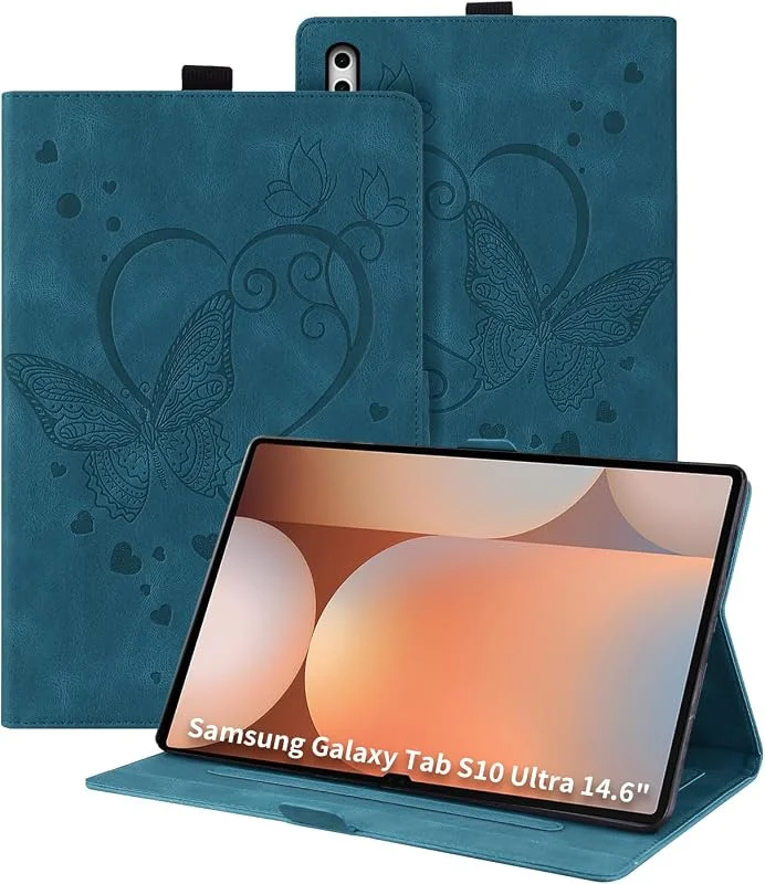 PU-fodral för Samsung Galaxy Tab S10 Ultra 14.9, fjärilspräglat läder med stativfunktion, surfplatta lämplig för Samsung Galaxy Tab S10, S9 Ultra, SM-X926C, blå — Mobil och surfplatta