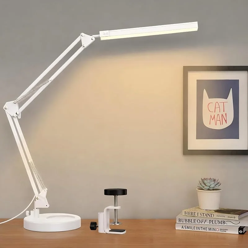 SKYLEO LED Skrivbordslampa med Bas och Klämma - LED Lampa som Skyddar ögonen - Justerbar Arbetslampa med Flera Vinklar - 3 Ljuslägen X 10 Ljusstyrkor - Vit — Hushållselektronik