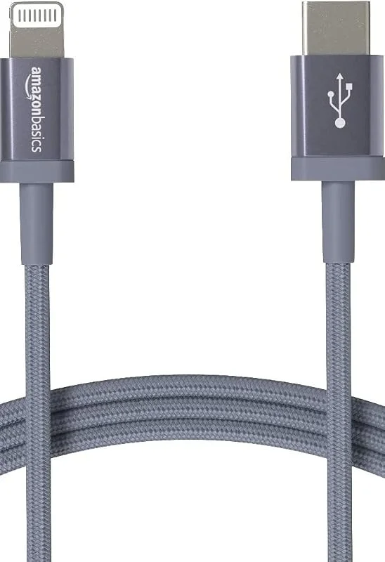 Amazon Basics USB-C till Lightning laddningskabel, nylonflätad kabel, MFi-certifierad laddare för Apple iPhone 14, 13, 12, 11, X, Xs, Pro, Pro Max, Plus, iPad, 1, 8 m, mörkgrå — Mobil och surfplatta
