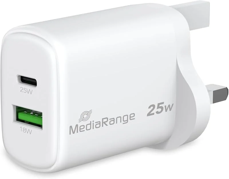 MediaRange GaN laddare 25 W UK-kontakt 1 x USB-C 1 x USB-A — Mobil och surfplatta
