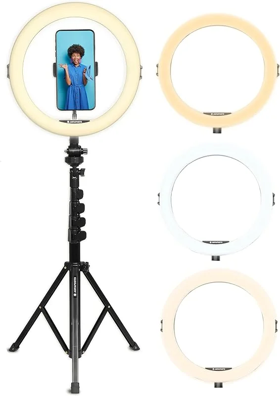 AgfaPhoto Ring Light Realiview ARL11XL - 11 LED-belysning med justerbart stativ (45 cm till 155 cm) - ljusringen för videor, foto, kompatibel med smartphones och kameror — Mobil och surfplatta