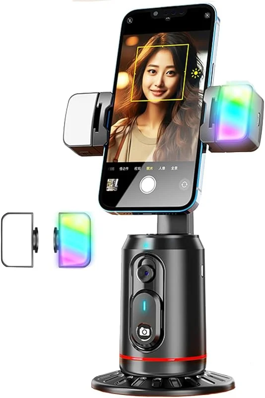 stativ för automatisk ansiktsspårning, 360° roterande telefonstativ, ingen app, gestkontroll smart kamerafäste för fotografering med selfie-ljus och fjärrkontroll för live vlog-streaming video — Mobil och surfplatta
