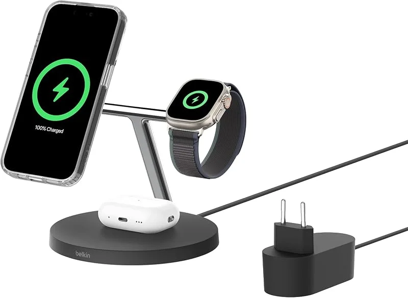 Belkin BoostCharge 3-i-1 Qi2-laddare, MagSafe-kompatibel trådlös laddningsstation, Qi2-laddare för Apple iPhone 16-serien, Apple Watch, AirPods med halkfri sockel, strömförsörjning medföljer - Svart — Mobil och surfplatta