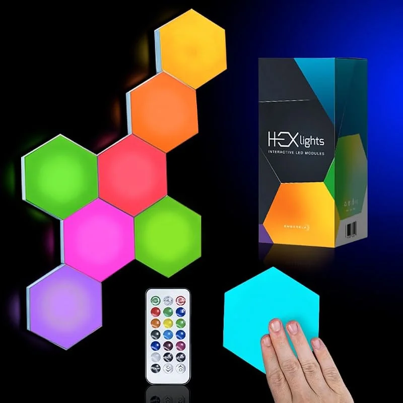 Emberela HEXlights 7-pack hexagonlampor, pek- och fjärrstyrda RGB väggpaneler – LED-ljuspaneler för vardagsrum, sovrum, spelrumsdekor – bordsstativ ingår — Smart belysning