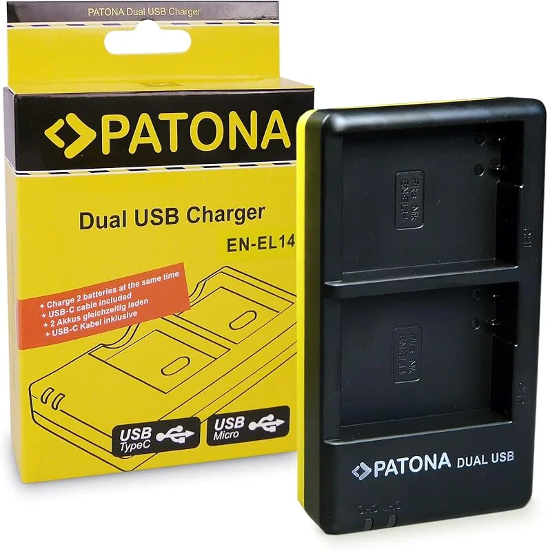 PATONA Dual Laddare USB-C, Micro-USB för Nikon EN-EL14 kamerabatteri — Laddning och kablar