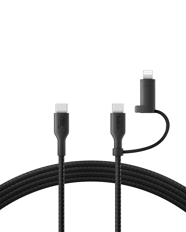 Belkin 2-i-1 Laddningskabel Med USB-C Och Lightning-Anslutning - Flätad Snabbladdningskabel För iPhone, iPad, Samsung, M.fl. - Svart — Mobil och surfplatta
