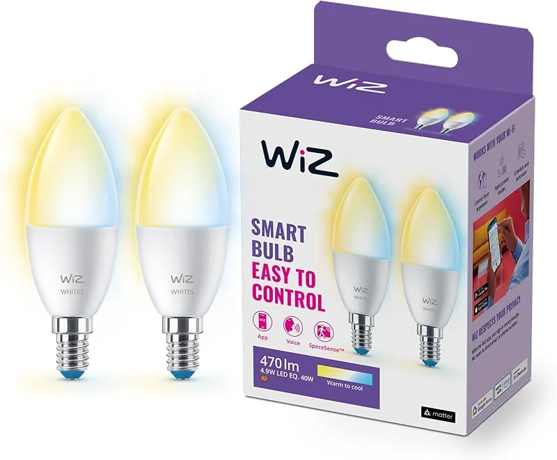 WiZ Tunable White - Smart LED belysning (WiFi och Bluetooth), 40W, C37, E14, 2700-6500 Kelvin, Dimbar i kallvitt till varmvitt, 2-pack — Smarta hem