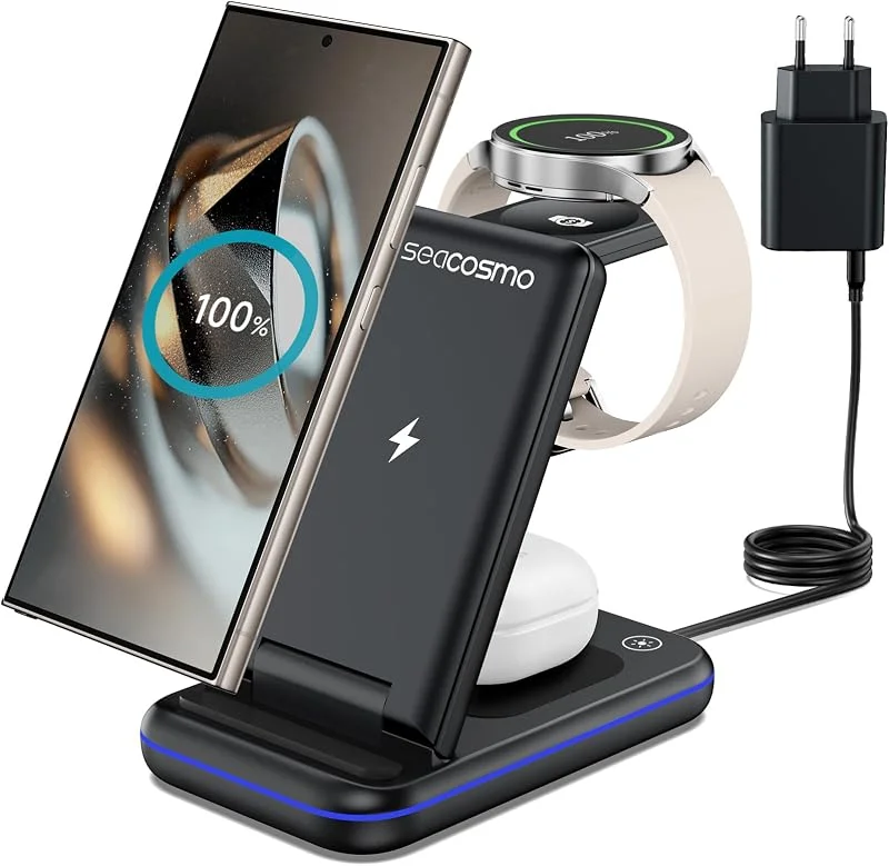seacosmo Vikbar 3-i-1-laddning, 15 W induktiv laddningsstation för Galaxy Watch 8, 7, 6 Classic, 5, 4, 3, 2, Pro, trådlös laddare, kompatibel med S25, S24, 23, 22, 21, FE, Ultra Z Flip, Fold 7, 6, 5, 4 och budar — Mobil och surfplatta