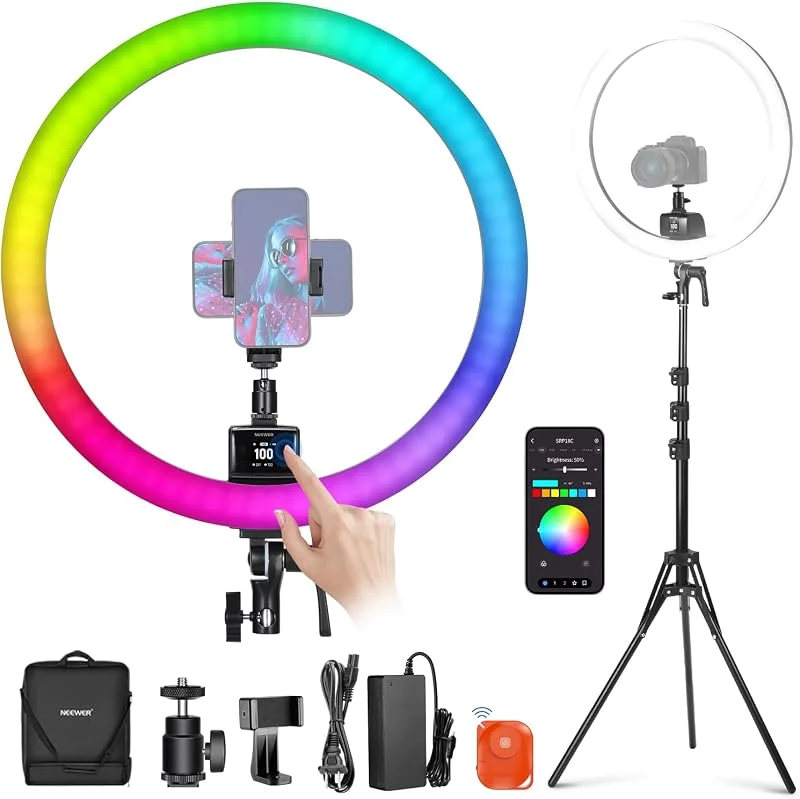 NEEWER SRP18C RGB LED ringljus set ultratunn appkontroll med vändbart ljusstativ, telefonhållare, kulhuvud, 2500 K–10 000 K, CRI 95+, TLCI 97, 3700Lux, 0, 5 m, 18 scener för TikTok, Make up, Gaming — Mobil och surfplatta