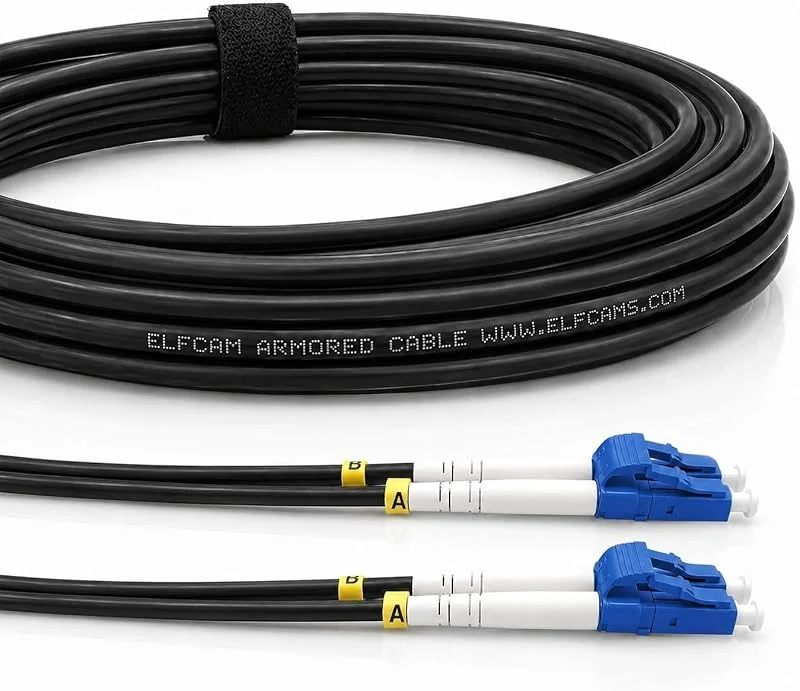 Elfcam® - skyddad fiberoptisk kabel i stål för utomhus- och inomhusbruk, LC, UPC till LC, UPC OS2 duplex enkelläge 9, 125μm LSZH, svart (25 m) — TV och streaming