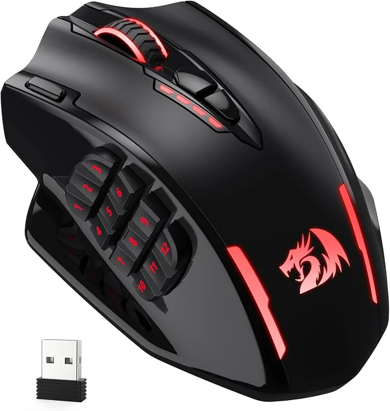 Redragon M913 Impact Elite 16 000 DPI trådlös spelmus med 20 programmerbara knappar, 45 timmars batteridrift och pro optisk sensor, 12 sidoknappar — Datortillbehör