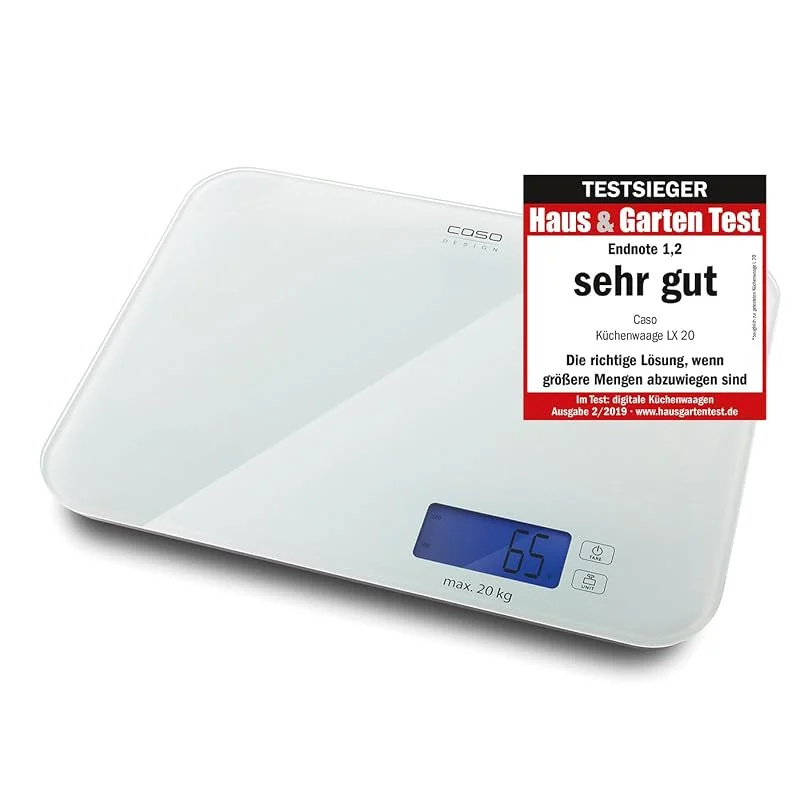 CASO LX 20 – design köksvåg, testvinnare hem och trädgård vägningsskala upp till max 20 kg, högkvalitativ glaslagryta, exakt vägningssensor i 5 g-steg, sensor-touch-drift, tarafunktion — Kök & Hushåll
