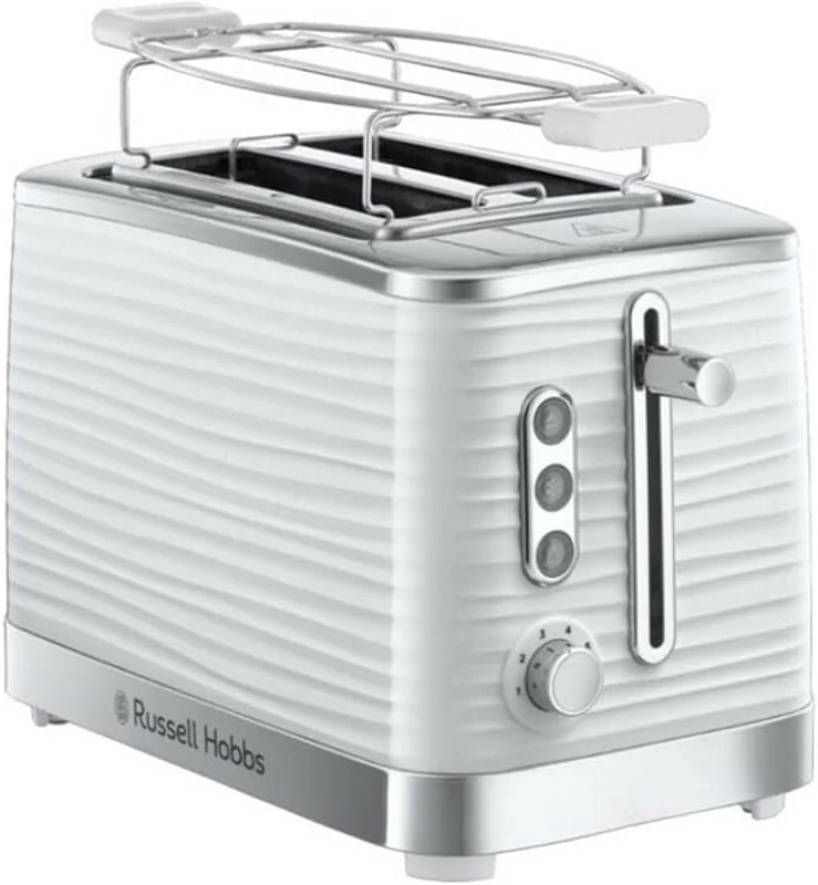 Russell Hobbs Inspire brödrost, rostar 2 skivor, 1050W, extra breda fack, uppvärmningsgaller, justerbar rostningsgrad, upptining & uppvärmningsfunktion, teknologi för snabbare rostning, vit, 24370-56 — Kök & Hushåll