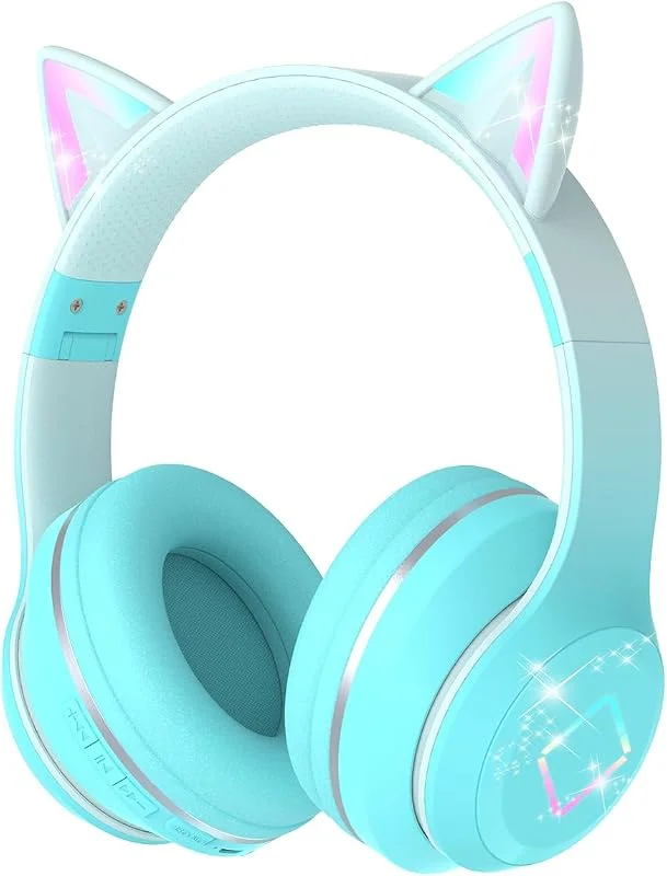 Barnhörlurar, bluetooth, kattöra, LED-upplysta barnhörlurar, trådlösa, Bluetooth 5.1 och stereoljud, vikbart, justerbart pannband, barnhörlurar med mikrofon över örat för skola, surfplatta (grön) — Hörlurar och ljud