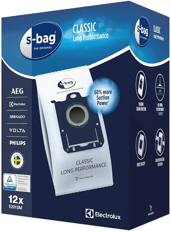Electrolux E201SM Dammsugarpåsar S-bag Classic Long Performance, 12 Påsar, Optimerar luftflödet med påsens tåliga syntetmaterial, Lämplig för många typer av dammsugare — Kök & Hushåll