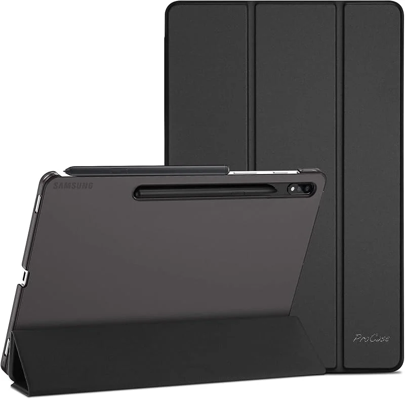 ProCase fodral för 11 tums Galaxy Tab S8 2022, Tab S7 2020 trippel vikbart skyddsfodral fodral ultratunt lätt stativ skal smart skydd med genomskinligt frostad baksida – svart — Mobil och surfplatta