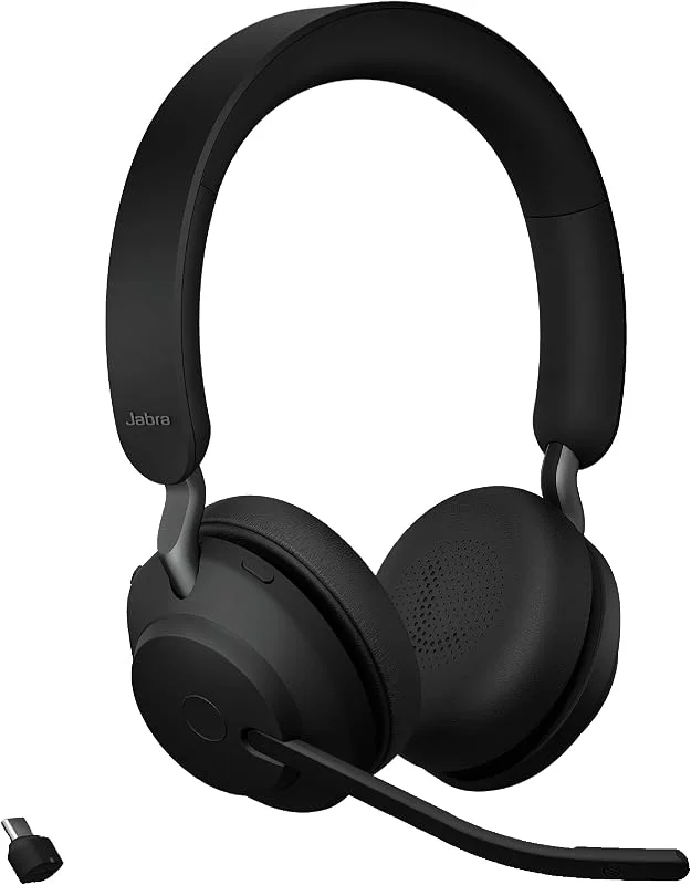 Jabra Evolve2 65 trådlöst PC-headset – brusreducerande Microsoft Teams-certifierade stereohörlurar med långvarigt batteri – USB-C Bluetooth-adapter – svart — Laddning och kablar