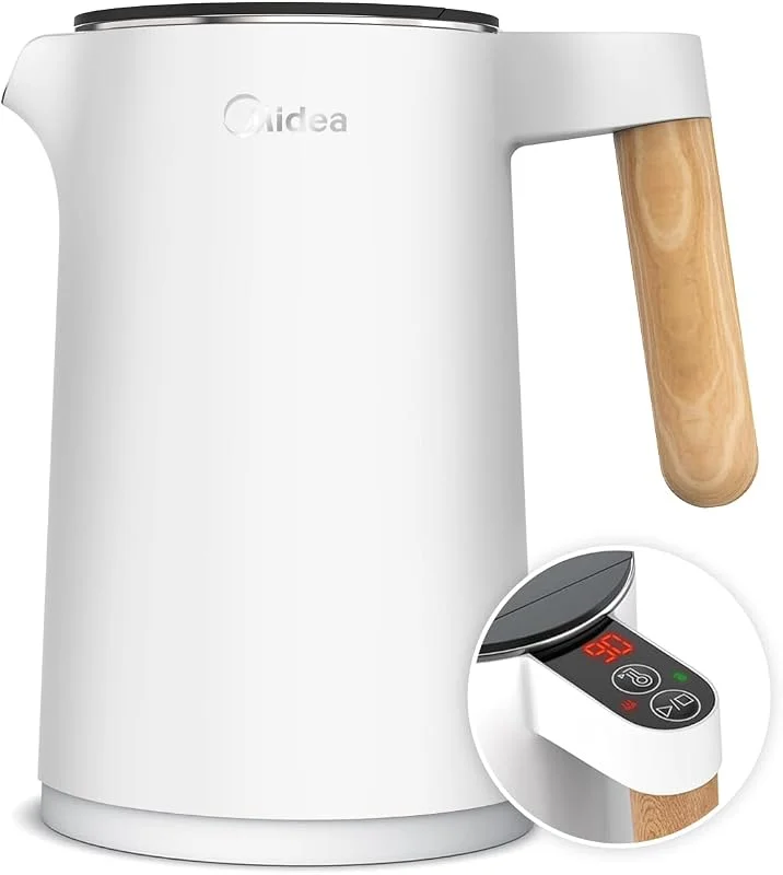 Midea Vattenkokare i rostfritt stål med temperaturinställning, 1, 5 liter, 2200 W, vattenkokare vit, tekokare med temperaturdisplay och säkerhetsfunktioner, BPA-fri — Kök & Hushåll