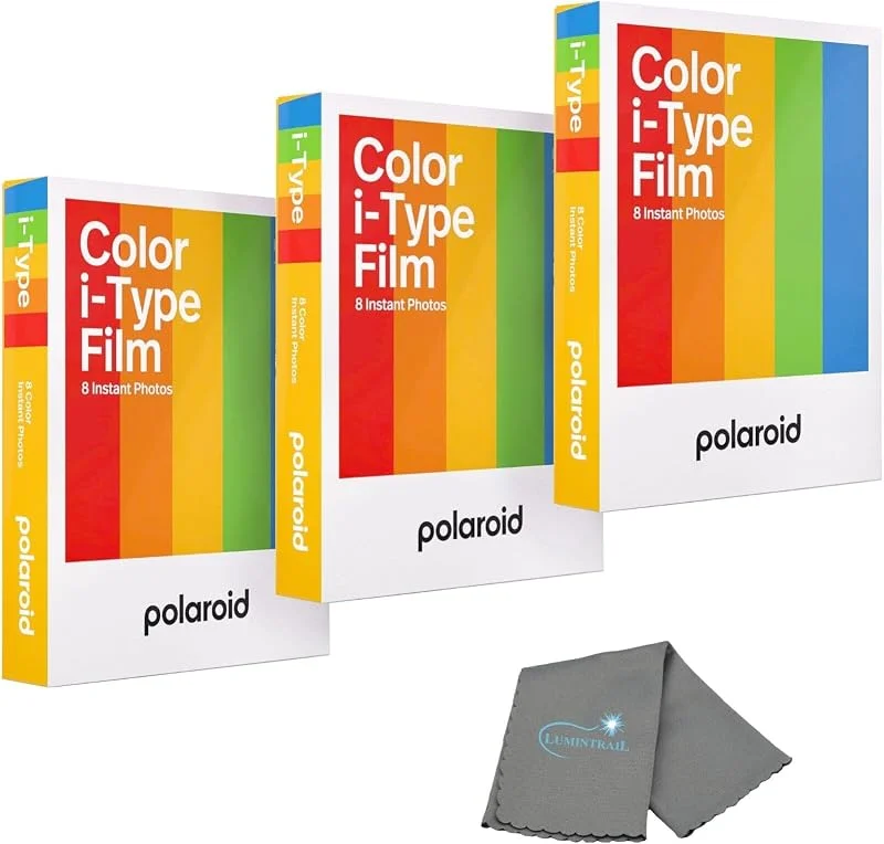 Polaroid Instant Color Film för i-Type kameror 3-pack, 24 Instant Photos Bundle med en Lumintrail rengöringsduk — Portabel digital och ljud