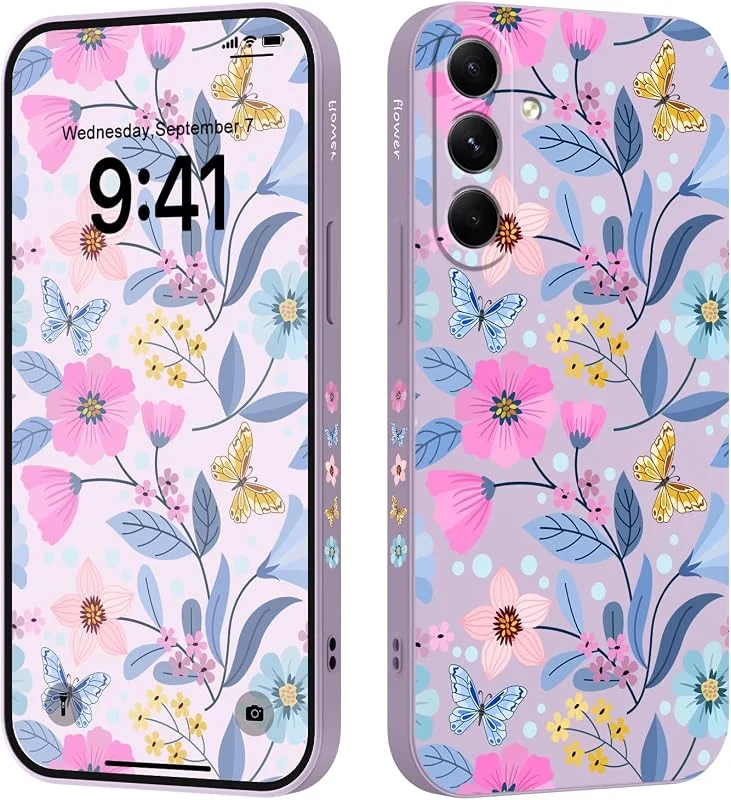 LEECG för Samsung Galaxy A17 fodral, tunt och mjukt flytande silikon anti-fingeravtryck telefonskal för Galaxy A17 6, 7 tum, lila blomma — Mobil och surfplatta